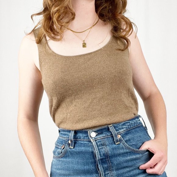 Vintage 100% Cashmere Parisian Camel Tan Brown Tank Top Sweater Capsule Wardrobe - Picture 2 of 8